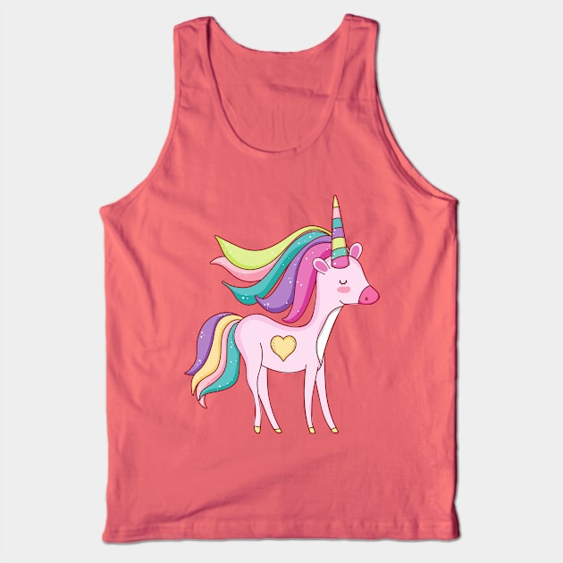 Cute Little Unicorn With Heart, Line Drawing White, Pink, Purple, Green & Yellow Tank Top by Vegan Squad